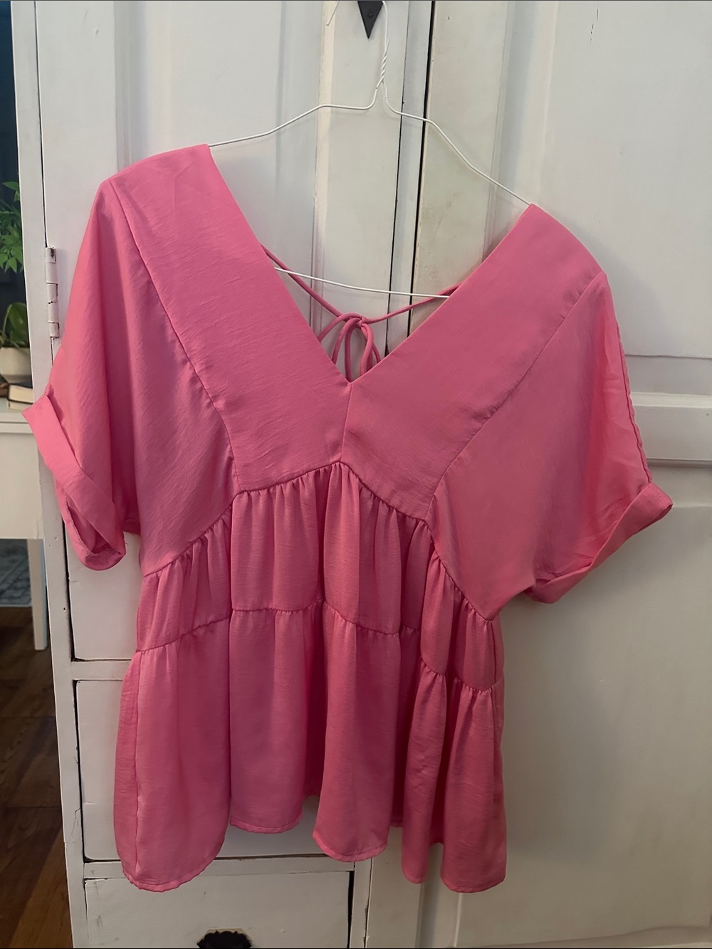 Impeccable Pig Women’s Pink satin V-Neck Tiered Blouse